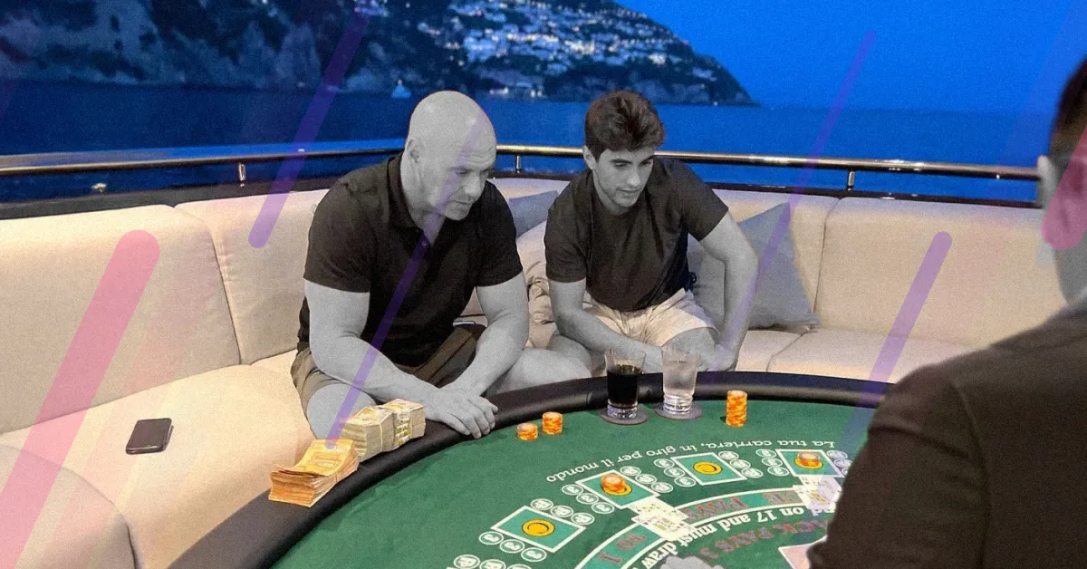 Dana White playing high-stakes blackjack on a yacht with stacks of cash