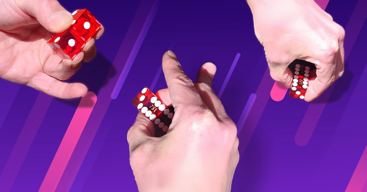 Three close-up hand grips demonstrating popular dice control techniques in craps, including the two-finger and ice tong grips