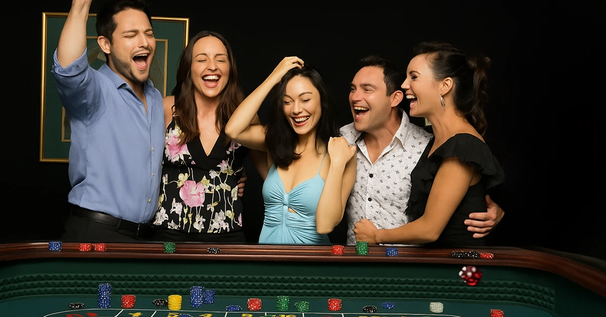 Group of happy players celebrating at a craps table after a winning roll