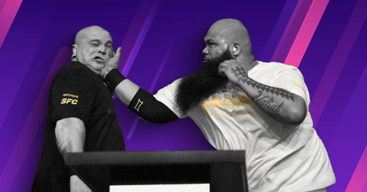 Intense moment from a Power Slap event, showing full-contact slap between two competitors