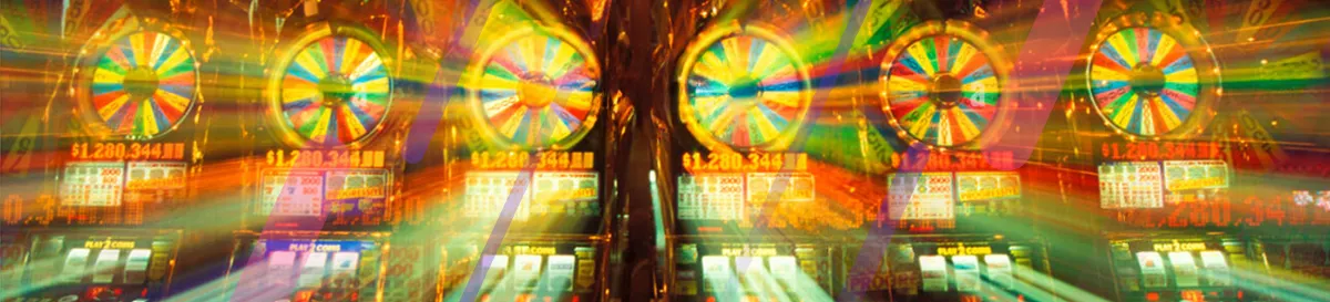 Colorful slot machines with spinning bonus wheels and vibrant lights, representing the high-energy atmosphere of a slot tournament image