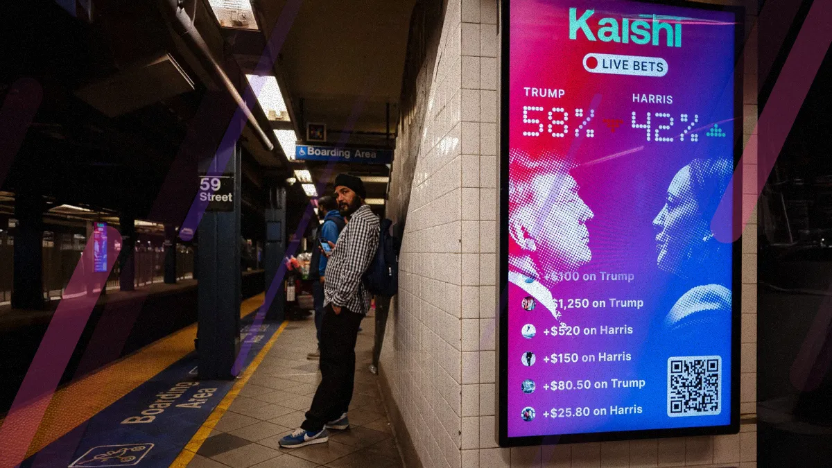 Digital billboard in subway shows Kalshi election betting ad comparing Trump and Harris percentages
