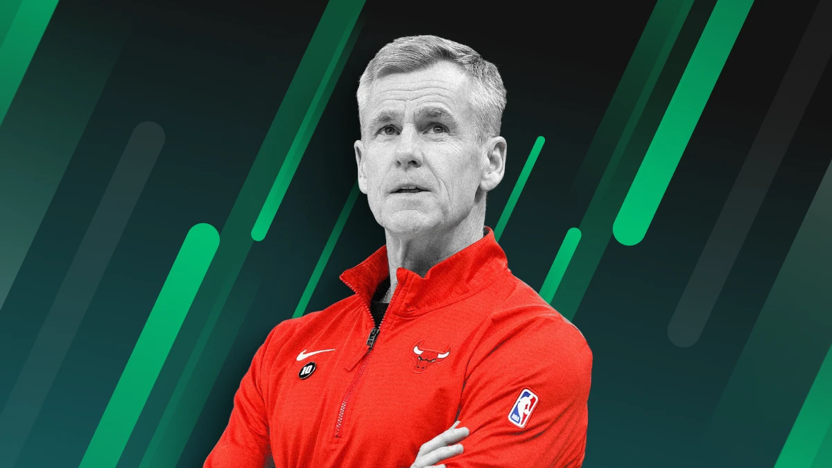 Billy Donovan in a red Bulls jacket after signing a contract extension to remain head coach of the Chicago Bulls
